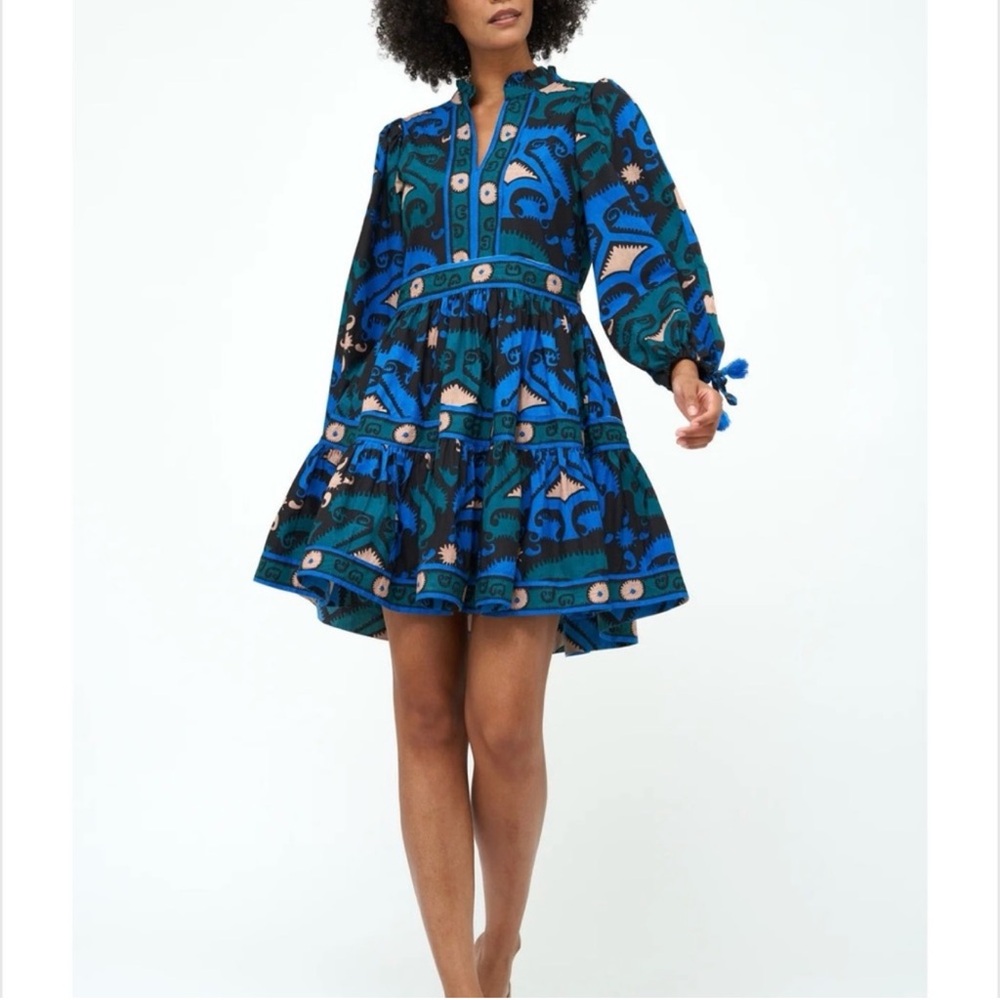 Oliphant Long Sleeve Mini Dress in Uzbek Blue size Small